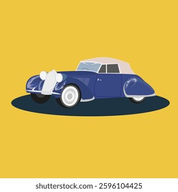 Dark blue retro car on yellow background