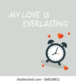 dark blue Ringing clock on light grey background with red hearts