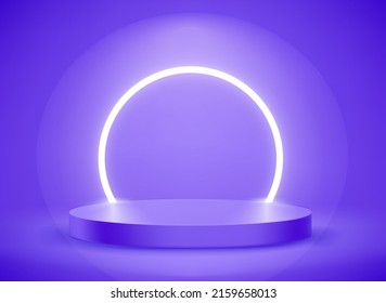 Dark blue room with circle neon light and podium. 3d vector showcase for display products
