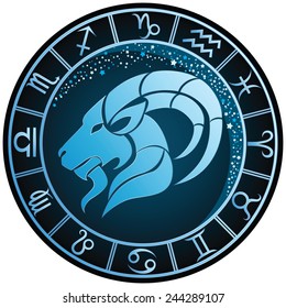 Dark blue round Capricorn zodiac sign. Vector Illustration 