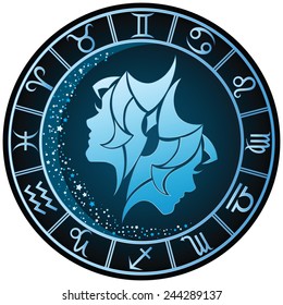 Dark blue round Gemini zodiac sign. Vector Illustration 
