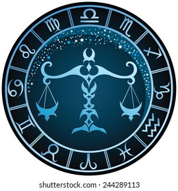 Dark blue round Libra zodiac sign. Vector Illustration 