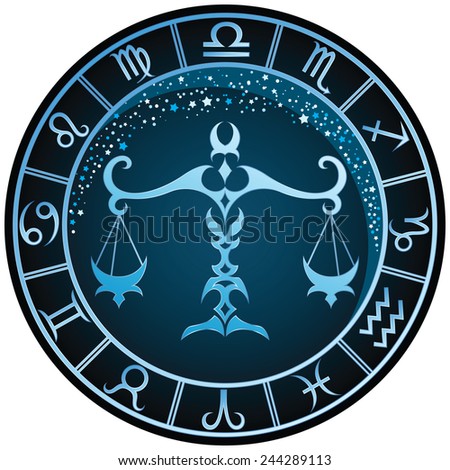 Dark blue round Libra zodiac sign. Vector Illustration 