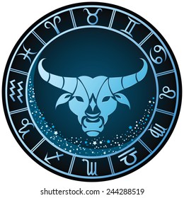Dark blue round Taurus zodiac sign. Vector Illustration 