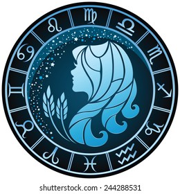 Dark blue round Virgo zodiac sign. Vector Illustration 