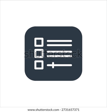 Dark blue rounded square with white checklist boxes and adjustment slider for preferences and list management design