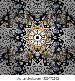 Dark blue royal baroque damask vector seamless pattern background wallpaper illustration with decorative vintage black gold blue antique ornaments. Endless luxury texture. White.