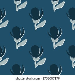 Dark blue rustic graphic floral vector seamless pattern. Stylized hand drawn with ink and brush garden abstract tulips flowers. Perfect for fabric, gift wrap, kitchen textiles and others.