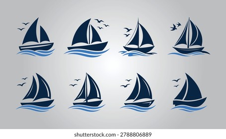 Dark blue sailboat silhouettes with flying birds