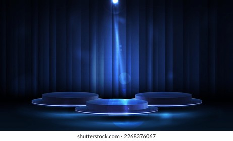 Dark and blue scene for product presentation with 3d realistic empty blue podiums floating in the air and curtain on background