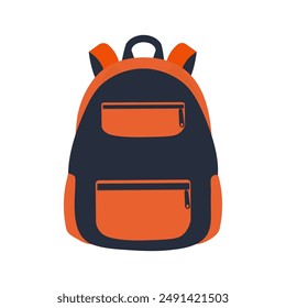 Dark blue school backpack with orange pockets on a white background. Vector illustration in flat style.