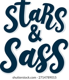 Texto de escritura azul oscuro Estrellas y Sass con letras de camiseta de sombra gris claro.