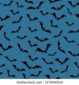 Dark blue seamless background with flying bats for Halloween, illustration.