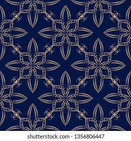 Dark blue seamless background with golden pattern. Arabic ornament