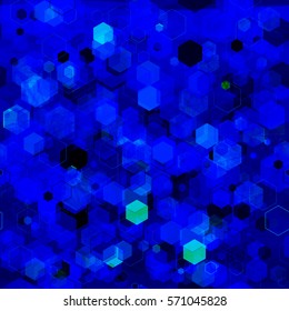 Dark blue seamless background. Hexagons mixed random. Vector texture