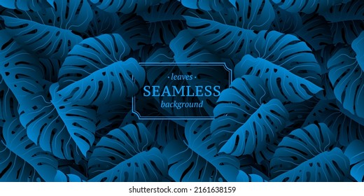 Dark blue seamless background with monstera leaves. Organic product label template. Stock vector illustration.