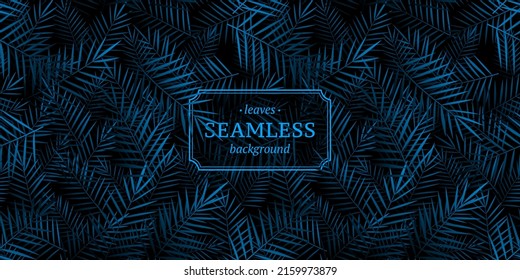 Dark blue seamless background with tropical leaves. Organic product label template. Stock vector illustration.