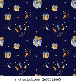 Padrão de aniversário sem costura azul escuro com bolos de desenho animado, balões e presentes em contraste festivo para o humor de celebração noturna
