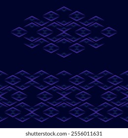 Dark blue seamless border set geometric pattern. Blue purple rhombuses on dark background. Fantasy mystic ornament of sharp shapes. Strict monochrome abstract design for decor wallpaper, textile, etc.