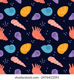 Dark Blue Seamless endless pattern with cute seashells and clams on white background. Print for printing on fabric, wrapping paper and sewing children clothes.