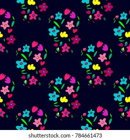 Dark blue seamless floral pattern with garden flowers and leaves. Colorful flowering flowers for textile, design, decor, fabric, prints, clothes, cards. Pink, fuchsia, blue, yellow, green plants