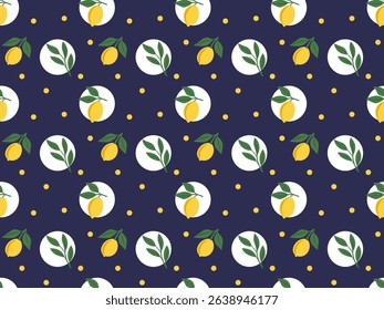 Dark blue seamless lemon pattern with white circles and yellow dots – EPS10
