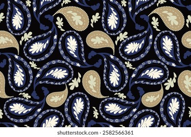 Dark Blue seamless paisley pattern. blue tone color indian wallpaper. Motifs African boho paisley Floral Ikat pattern embroidery, Absract blue paisley background. Vector pattern. For textile, fabric