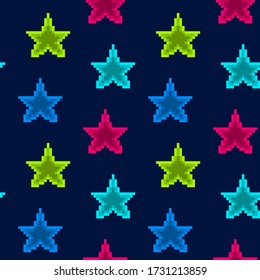 Dark blue seamless pattern with bright shining blue, pink and green neon pixel art stars. 8 bit glowing night sky background. Fluorescent Christmas decoration wallpaper.