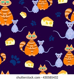 Dark Blue seamless pattern with cats and mice.Vector illustration for children. 