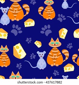Dark Blue seamless pattern with cats, mice,pieces of cheese,paw prints.Vector illustration for children. 