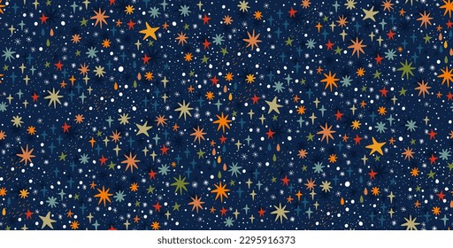 Dark blue seamless pattern with colorful stars. Night sky hand drawn vector illustration.