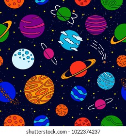 Dark blue seamless pattern with different colorful doodle fantastic space planets.