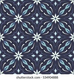 Dark blue seamless pattern with floral and geometrical ornament in a retro style. Vector illustration.