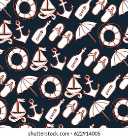 Dark blue seamless pattern with Marine elements: ship, anchor, umbrella, flip flops, bottle, lifebuoy. Vector.