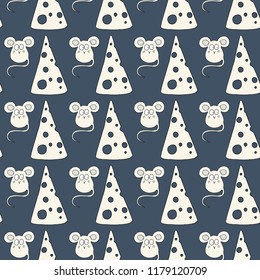 Dark blue seamless pattern with mouse and cheese sketch vector