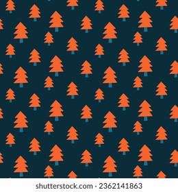 Dark blue seamless pattern with red fir trees. Minimalist Scandinavian background.