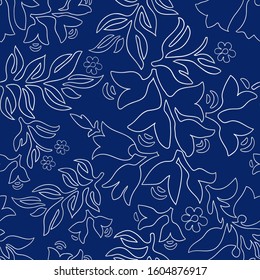 Dark blue seamless pattern in retro style with silver flowers.