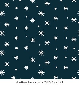 Dark blue seamless pattern with white doodle snowflakes.