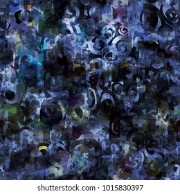 Dark blue seamless texture with color inclusion.  Geometric elements and hand drawn spirals. Abstract vector background for web page, banners backdrop, fabric, home decor, wrapping