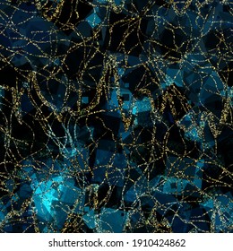 Dark blue seamless texture with gold streaks. Artistic vector background for web page, banners backdrop, fabric, home decor, wrapping. Marble effect.