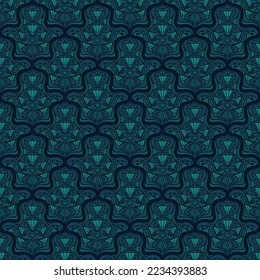 DARK BLUE SEAMLESS VECTOR ART NOUVEAU BACKGROUND WITH BLUE FLOWER ARRANGEMENT