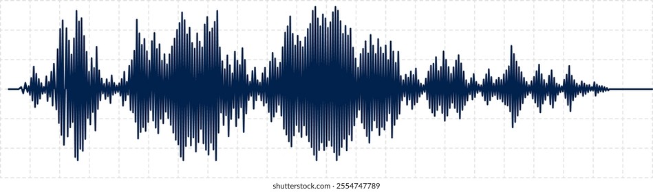 Dark blue seismic activity diagram, plotted on a graph, shows radio frequency waves and oscilloscope waveform, representing data analysis and scientific measurement