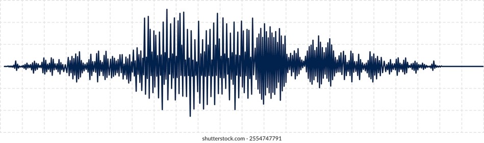 Dark blue seismic activity diagram showing radio frequency waves and oscilloscope waveform graph on white background with grid is representing earthquake or other earth vibration