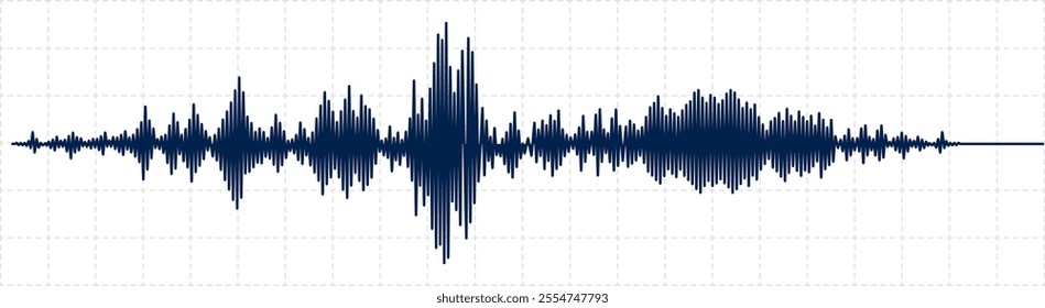 Dark blue seismic activity diagram displaying radio frequency waves alongside an oscilloscope waveform graph on a white grid background, illustrating intricate data analysis in geophysics