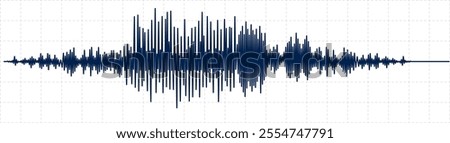 Dark blue seismic activity diagram showing radio frequency waves and oscilloscope waveform graph on white background with grid is representing earthquake or other earth vibration