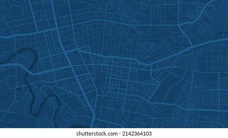 Dark blue Sendai City area vector background map, streets and water cartography illustration. Widescreen proportion, digital flat design streetmap.