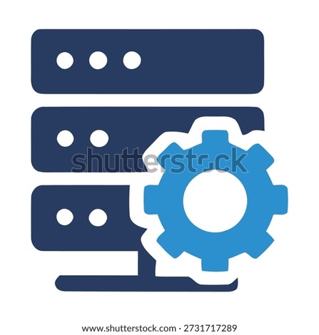 Dark blue server rack with blue gear icon on white background data technology