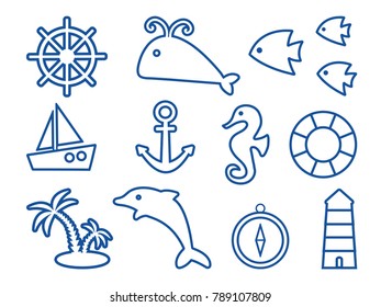 Dark blue set on marine theme, nautical icons, outline design. Vector illustration