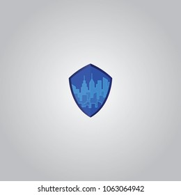 dark blue shield building, city and construction logo with light shadow and outline. can use for city and real estate logo. can use for business object design.