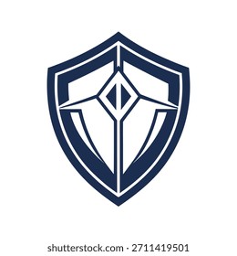 Dark blue shield emblem with white geometric design